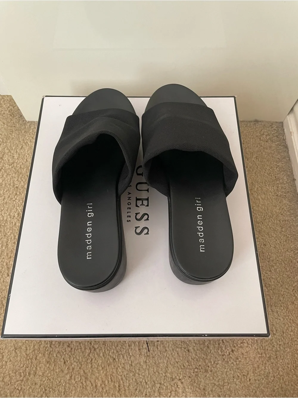 Madden Girl Black Chunky Platform Slide Sandals